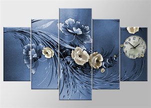 Çiçekli Mavi Krem Renkli Saatli 5 Parçalı Kanvas Tablo