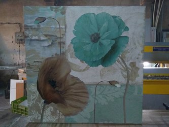 Su Yeşili ve Kahve Sanatsal Çiçekli Kanvas Tablo