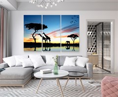 Zürafa ve Fil Resimli Afrika Manzaralı 3 Parçalı Kanvas Tablo