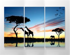 Zürafa ve Fil Resimli Afrika Manzaralı 3 Parçalı Kanvas Tablo