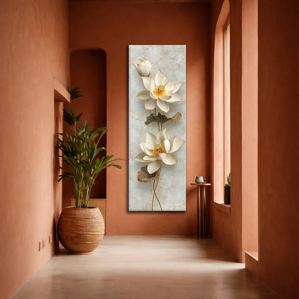 Dikey Panoramik Beyaz Lotus Çiçeği Cam Tablo | Modern Çiçek Duvar Dekoru