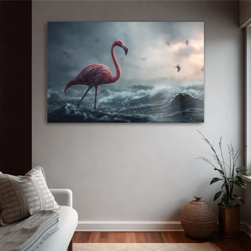 Fırtınalı Denizde Pembe Flamingo Yatay Temperli Cam Tablo | Modern Duvar Dekoru