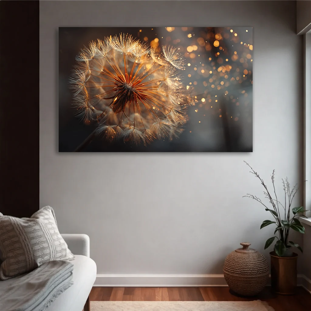 Işıltılı Karahindiba ve Altın Bokeh Detaylı Yatay Temperli Cam Tablo