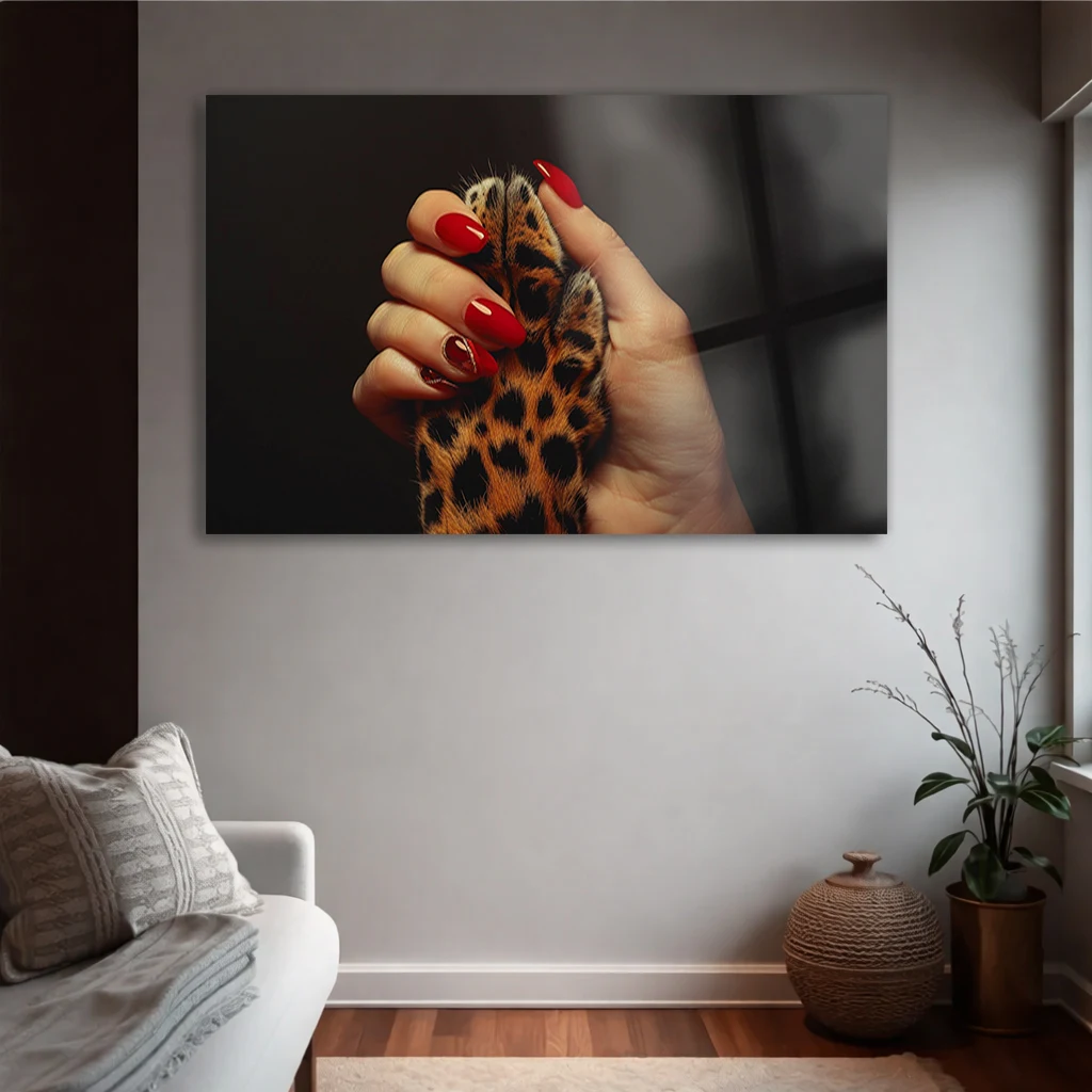 Kırmızı Ojeli Kadın Eli ve Leopar Pençesi Yatay Temperli Cam Tablo | Modern Lüks Duvar Dekoru