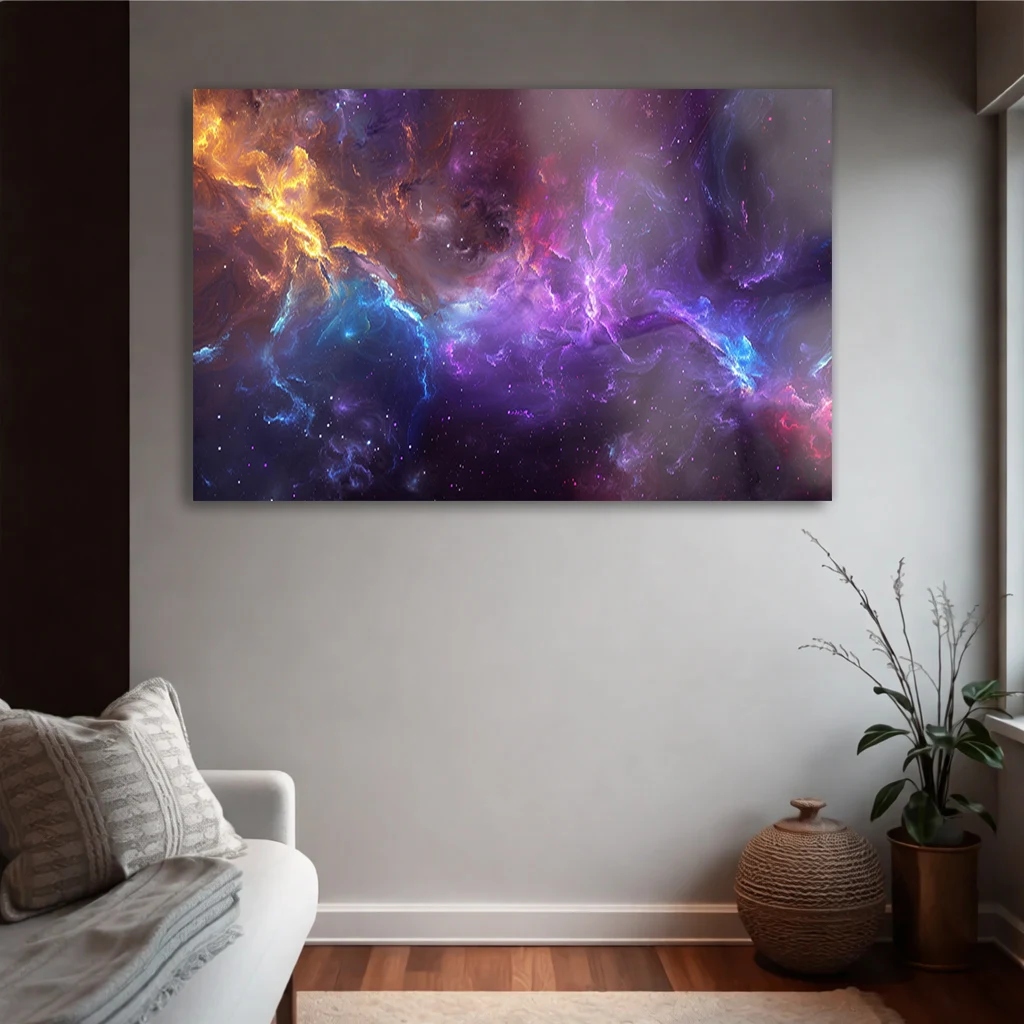 Kozmik Nebula ve Galaksi Temalı Yatay Temperli Cam Tablo | Modern Soyut Duvar Dekoru