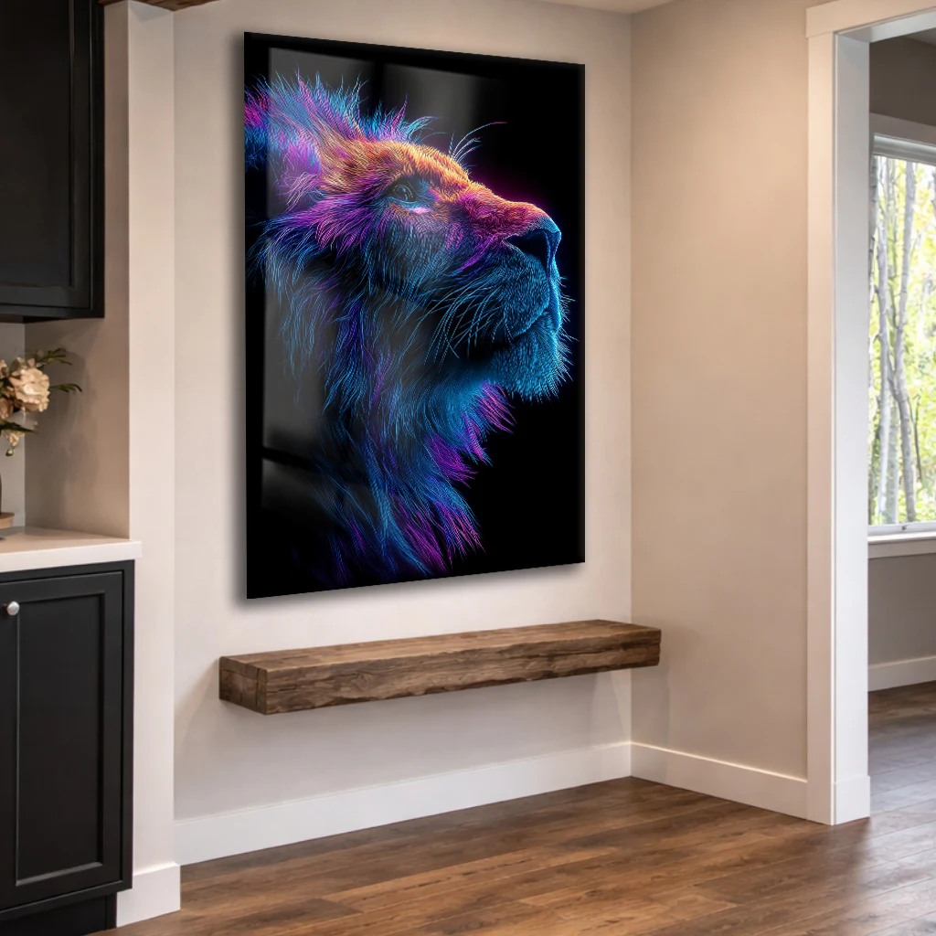 Neon Aslan 2:3 Dikey Temperli Cam Tablo | Modern Duvar Dekoru