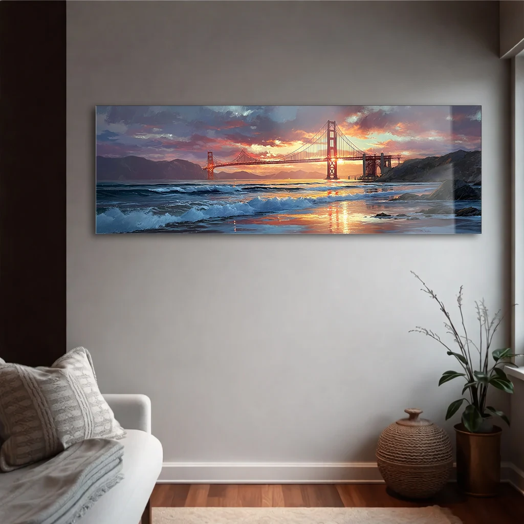 Panoramik Golden Gate Köprüsü Gün Batımı Cam Tablo | Yatay Temperli Duvar Dekoru