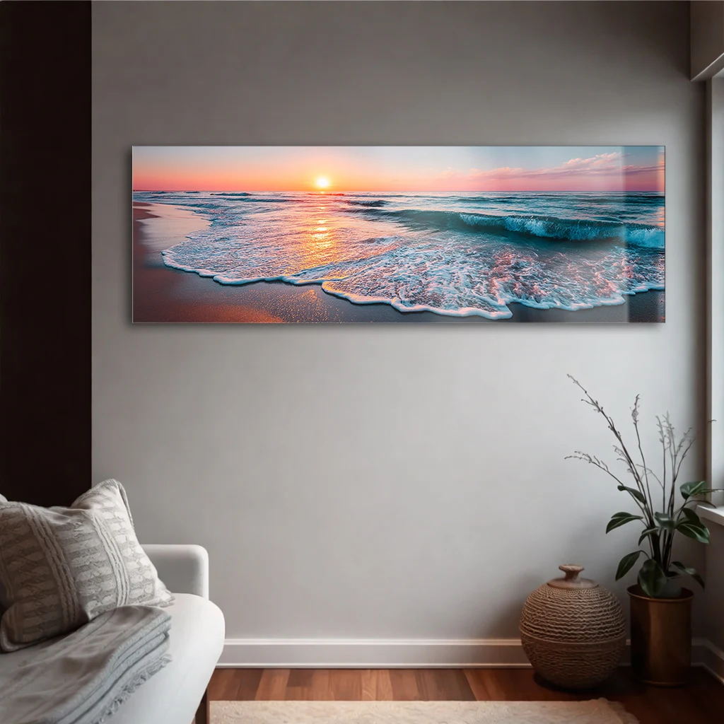Panoramik Gün Batımı Deniz Sahili Cam Tablo | Yatay Temperli Duvar Dekoru