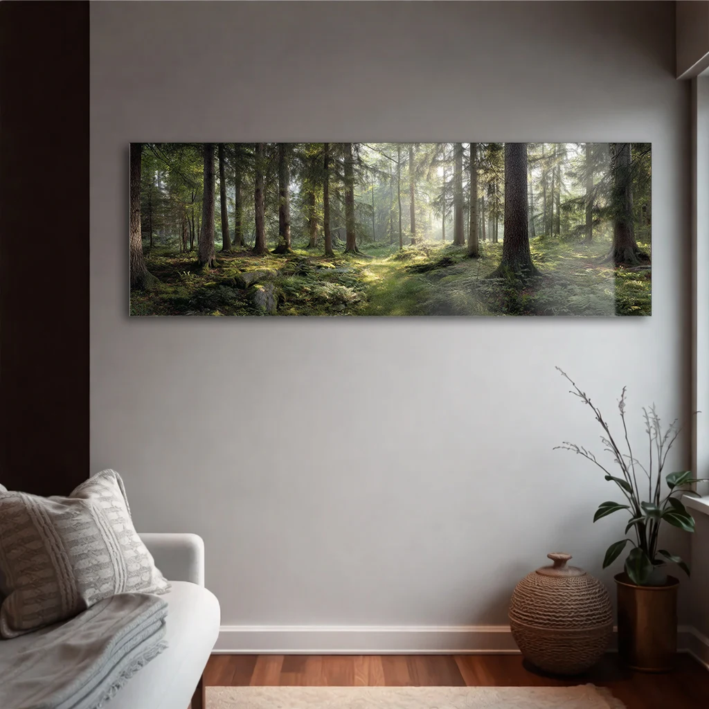 Panoramik Güneş Işıltılı Yeşil Orman Cam Tablo | Yatay Temperli Duvar Dekoru