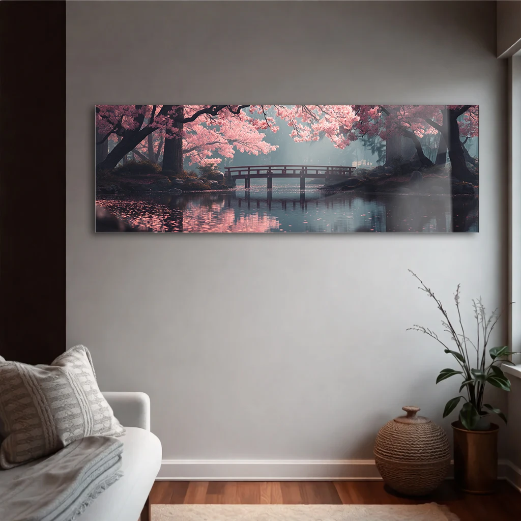 Panoramik Japon Bahçesi Sakura Ağaçları Cam Tablo | Yatay Temperli Duvar Dekoru