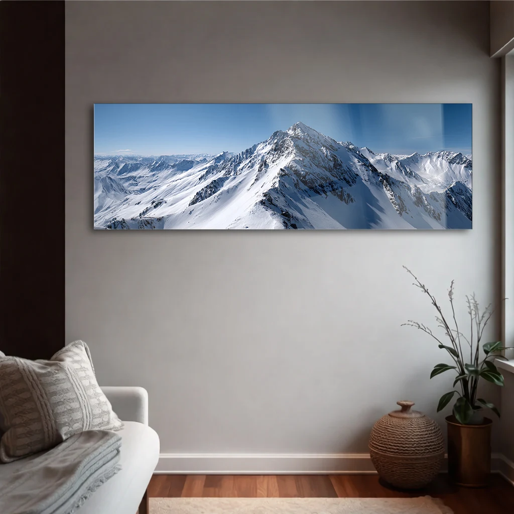 Panoramik Karlı Dağ Zirvesi Cam Tablo | Yatay Temperli Duvar Dekoru