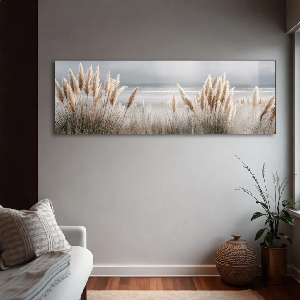 Panoramik Pampas Otu Sahil Cam Tablo | Yatay Temperli Duvar Dekoru