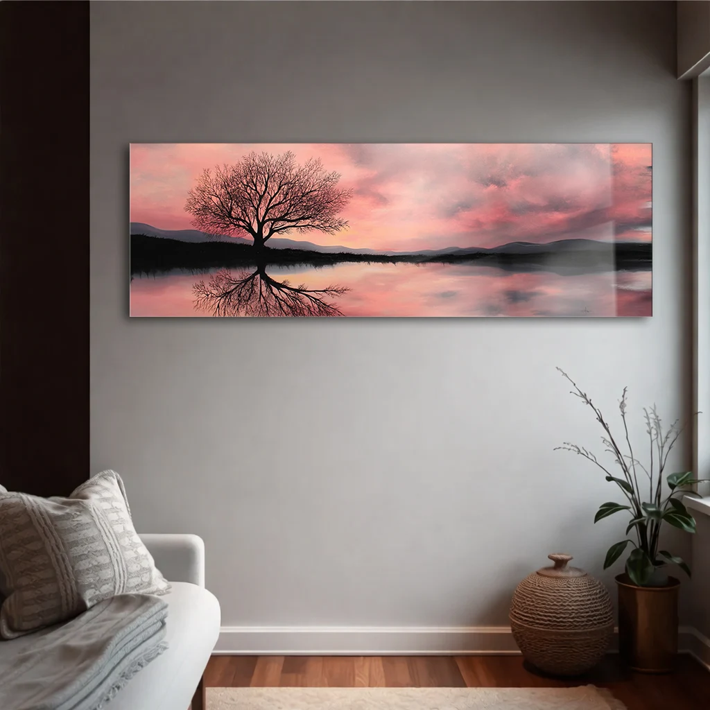 Panoramik Pembe Gökyüzü ve Yalnız Ağaç Cam Tablo | Yatay Temperli Duvar Dekoru