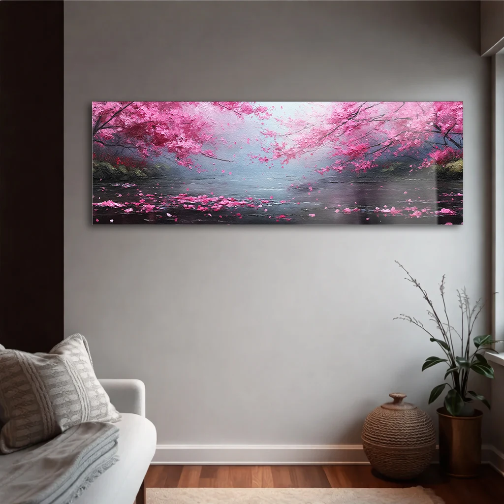 Panoramik Pembe Sakura Kiraz Çiçeği Gölü Cam Tablo | Yatay Temperli Duvar Dekoru
