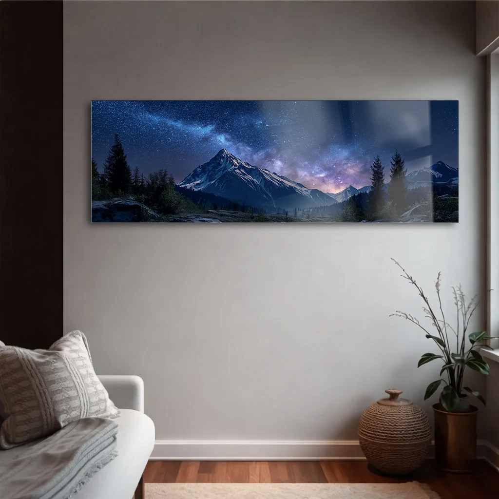 Panoramik Samanyolu Dağ Manzaralı Cam Tablo | Yatay Gece Gökyüzü Duvar Dekoru