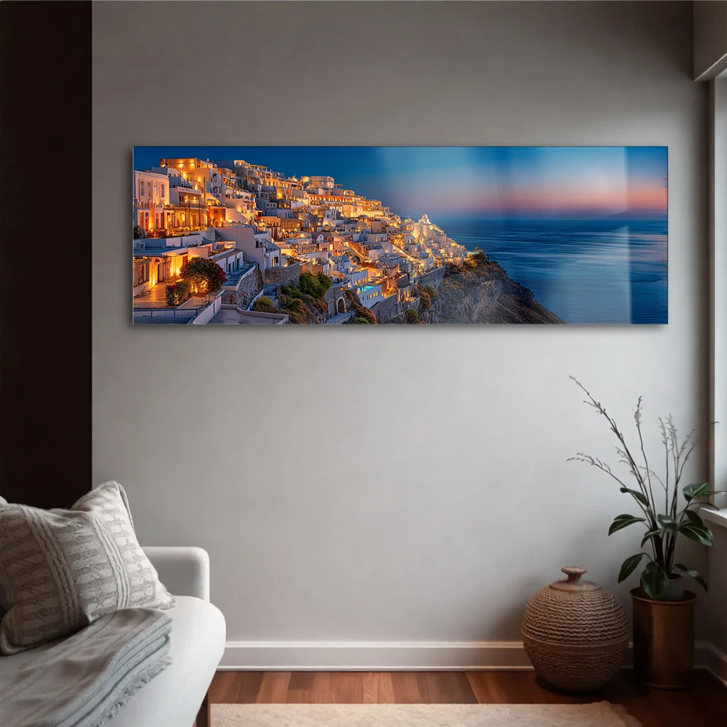 Panoramik Santorini Gece Manzarası Cam Tablo | Yatay Temperli Duvar Dekoru