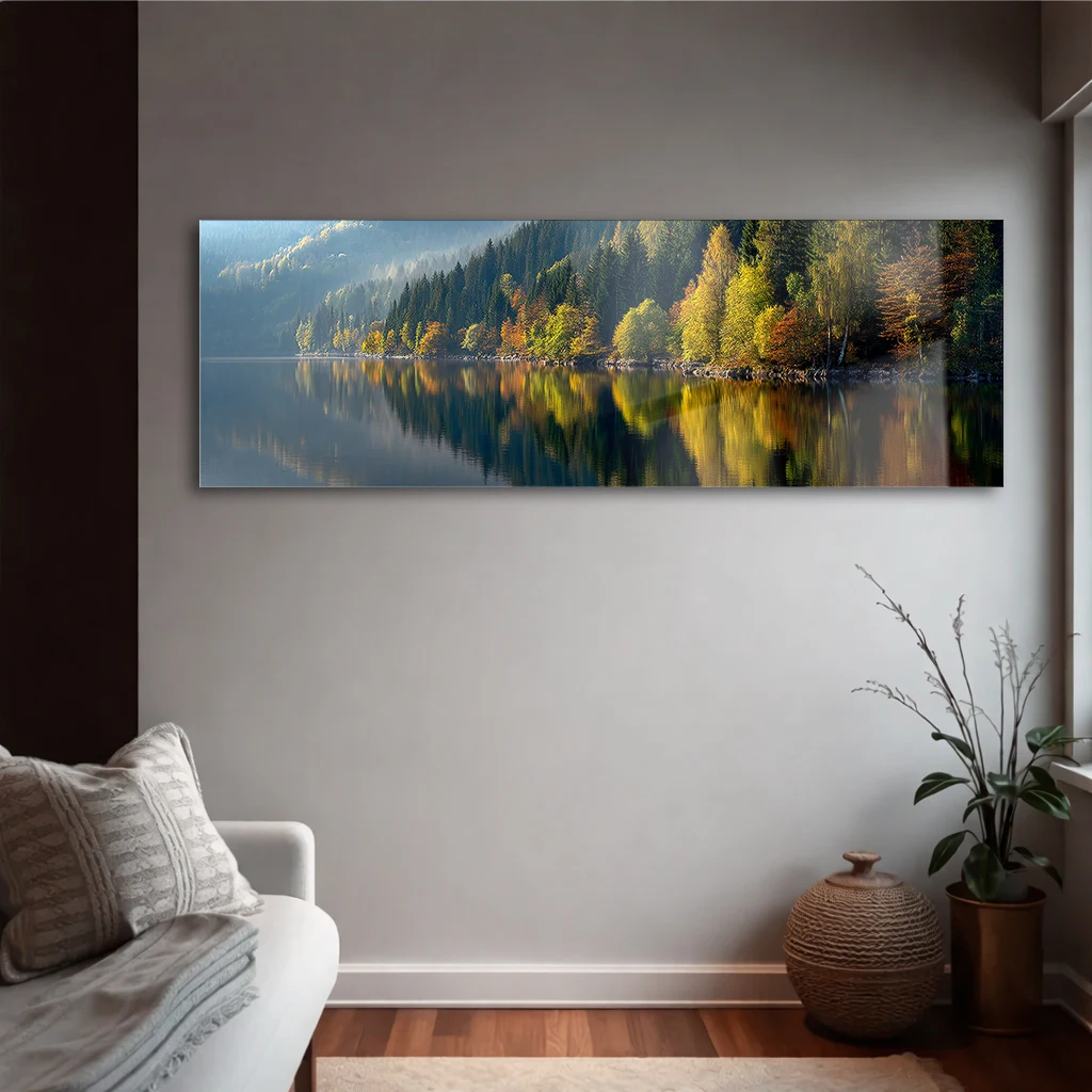 Panoramik Sonbahar Ormanı ve Göl Yansıması Cam Tablo | Yatay Temperli Duvar Dekoru