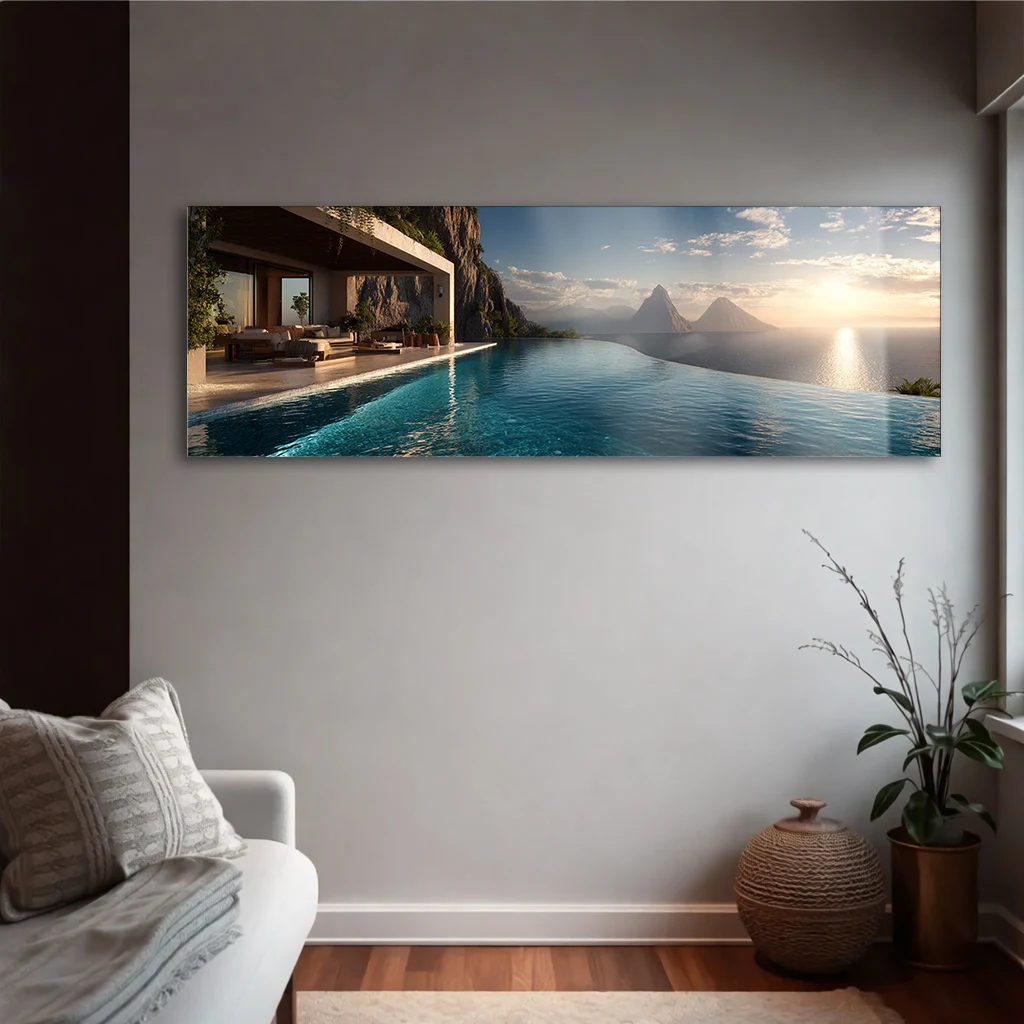 Panoramik Sonsuzluk Havuzu ve Deniz Manzaralı Cam Tablo | Yatay Temperli Duvar Dekoru