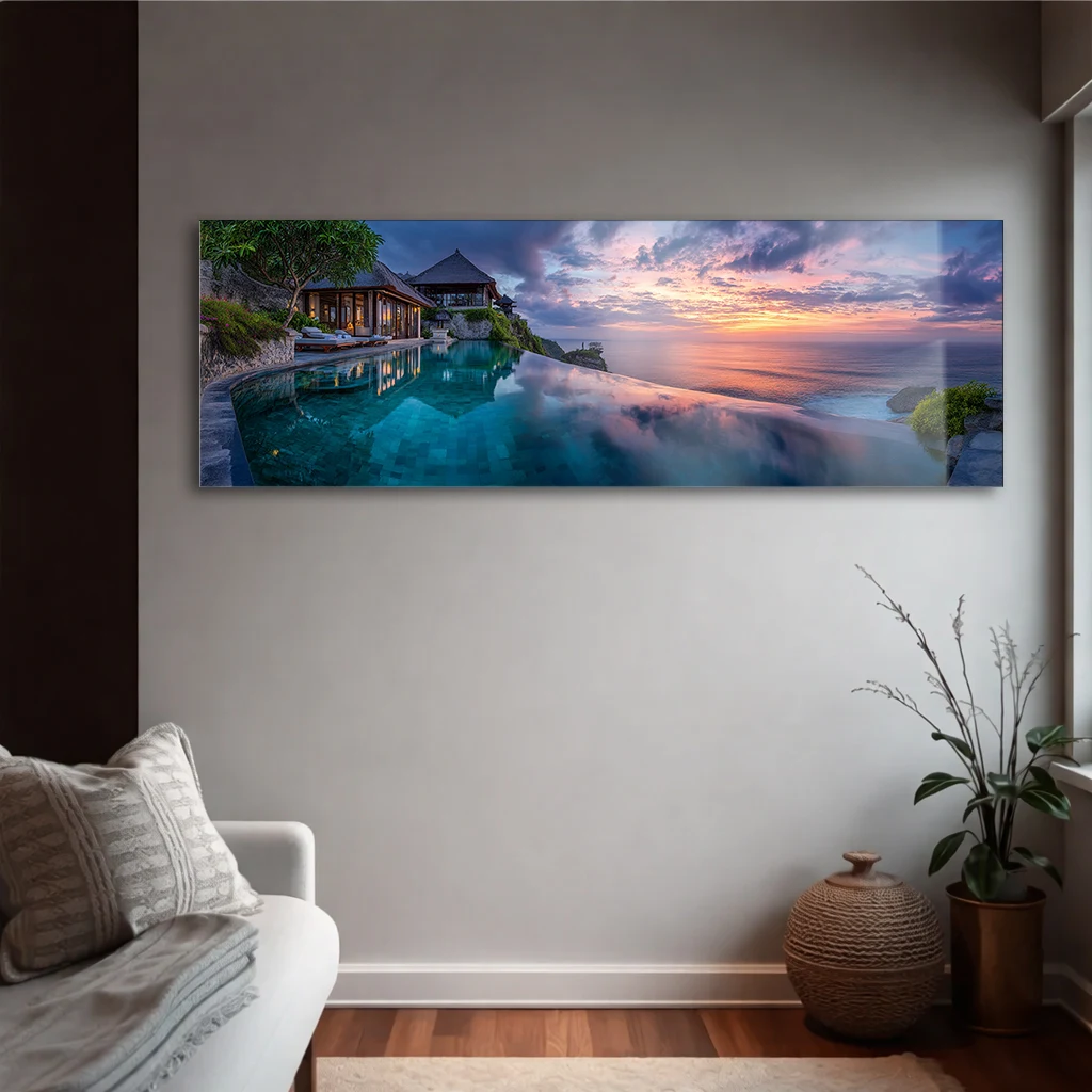 Panoramik Sonsuzluk Havuzu ve Gün Batımı Cam Tablo | Yatay Tropikal Villa Duvar Dekoru
