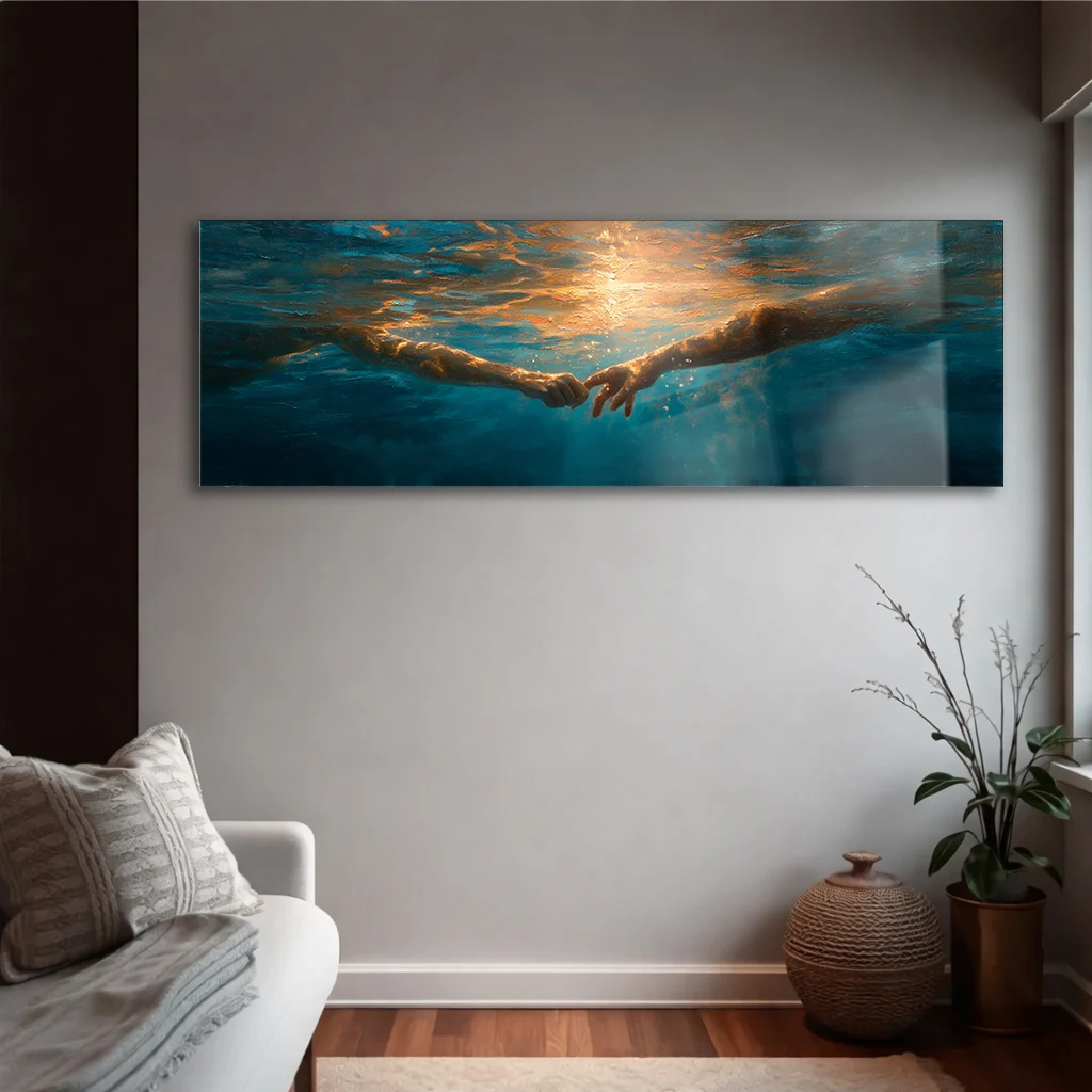 Panoramik Su Altı Dokunuş Cam Tablo | Modern Yatay Temperli Duvar Dekoru