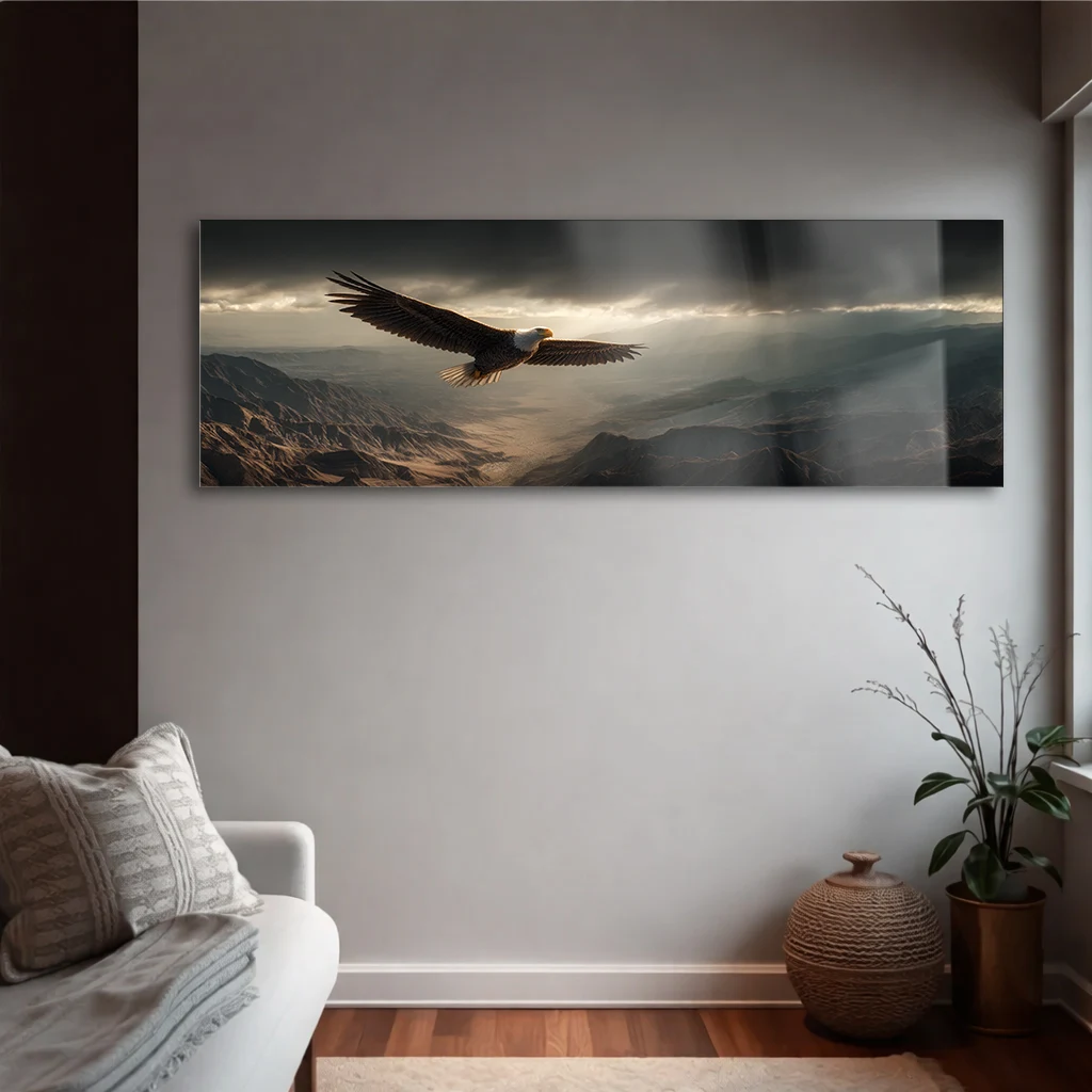 Panoramik Süzülen Kartal ve Dağ Manzarası Cam Tablo | Yatay Temperli Duvar Dekoru