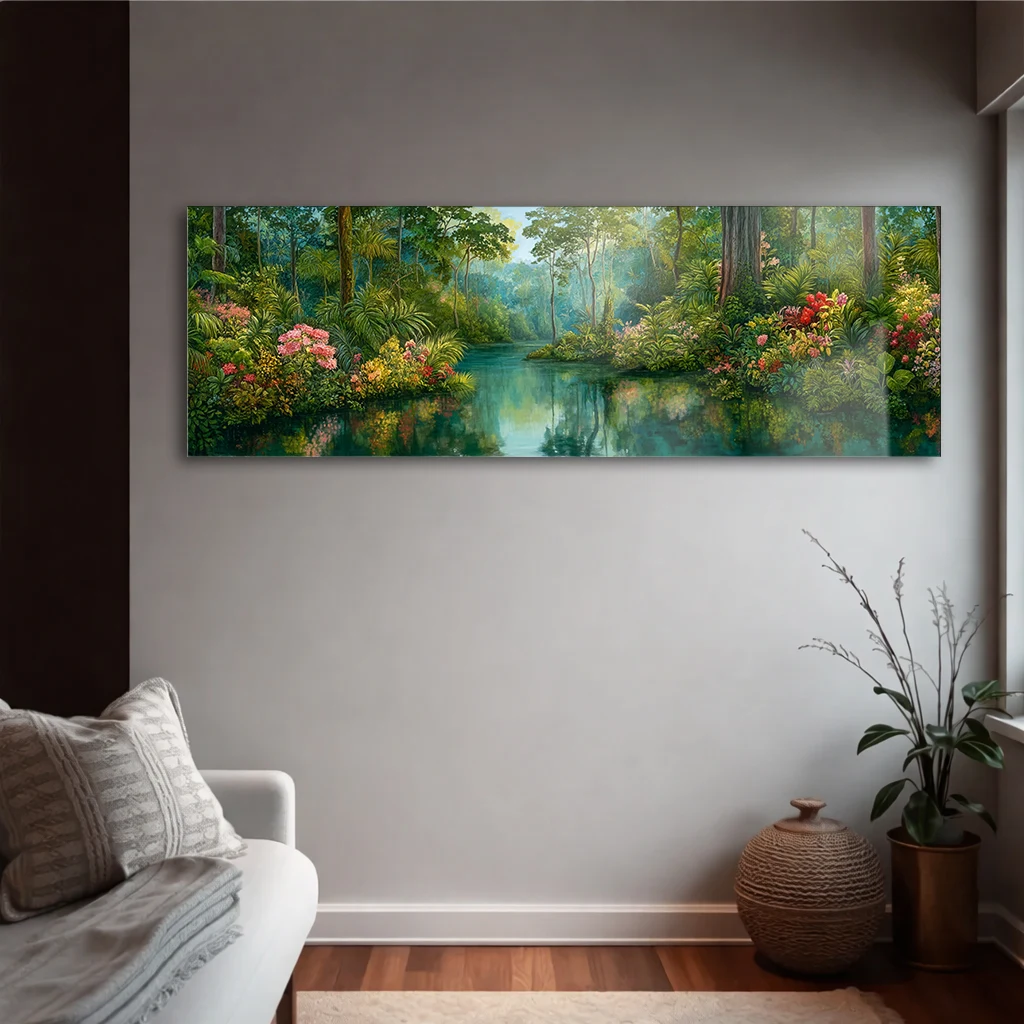 Panoramik Tropikal Nehir ve Çiçek Açan Orman Manzaralı Cam Tablo | Modern Yatay Duvar Dekoru