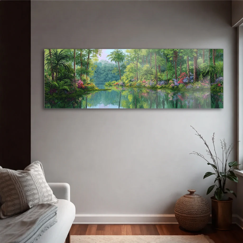 Panoramik Tropikal Orman ve Göl Manzaralı Cam Tablo | Modern Yatay Duvar Dekoru