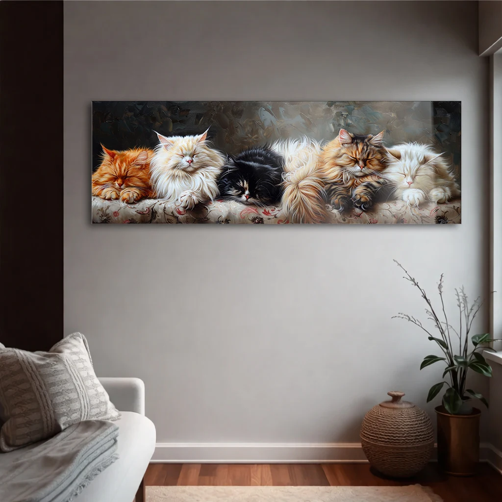 Panoramik Uyuyan Kediler Cam Tablo | Yatay Temperli Duvar Dekoru