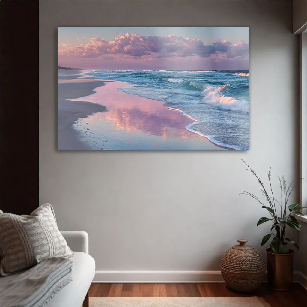 Pembe Gün Batımı ve Deniz Sahil Yatay Cam Tablo | Modern Duvar Dekoru