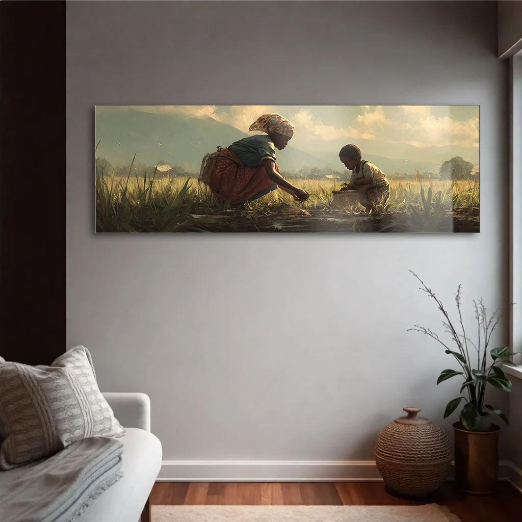 Tarlada Anne ve Çocuk Panoramik Cam Tablo | Yatay Temperli Duvar Dekoru