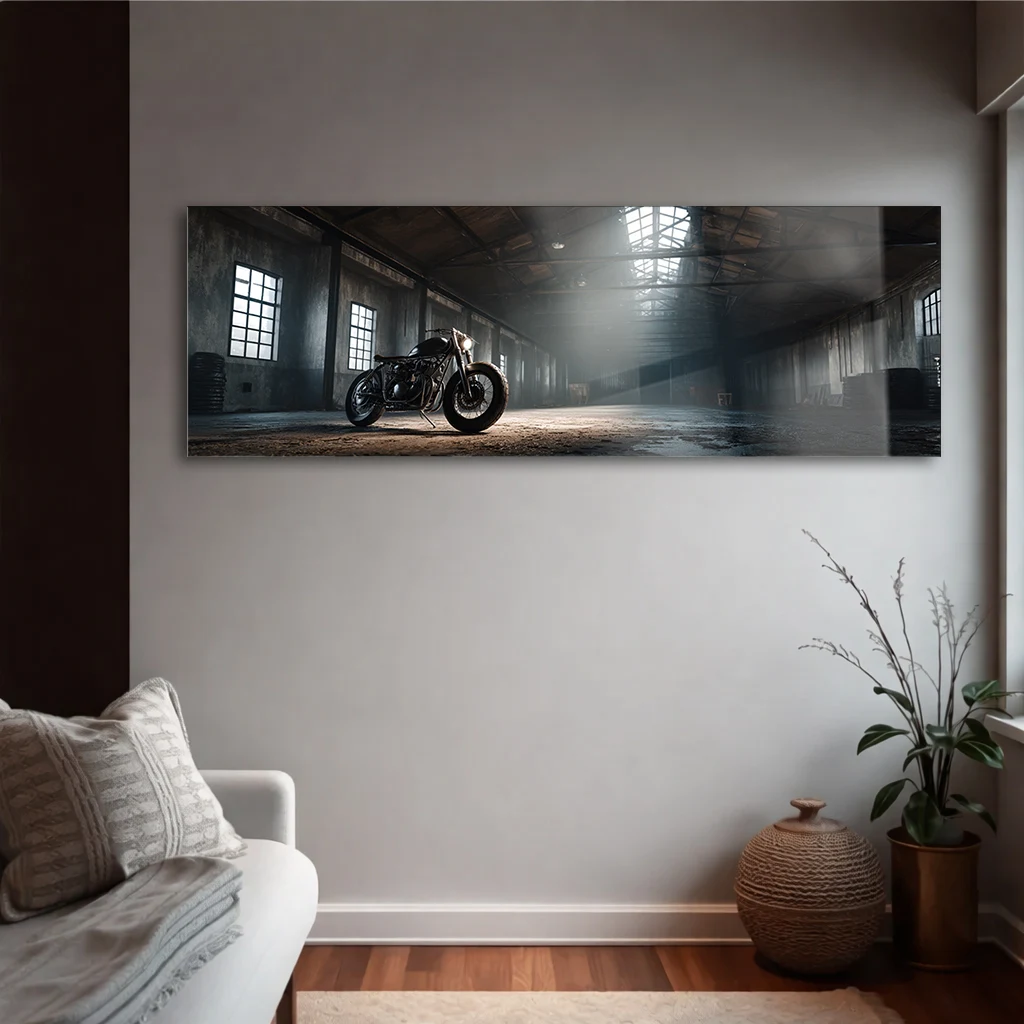 Terk Edilmiş Hangarda Vintage Motosiklet Panoramik Cam Tablo | Endüstriyel Yatay Temperli Duvar Dekoru