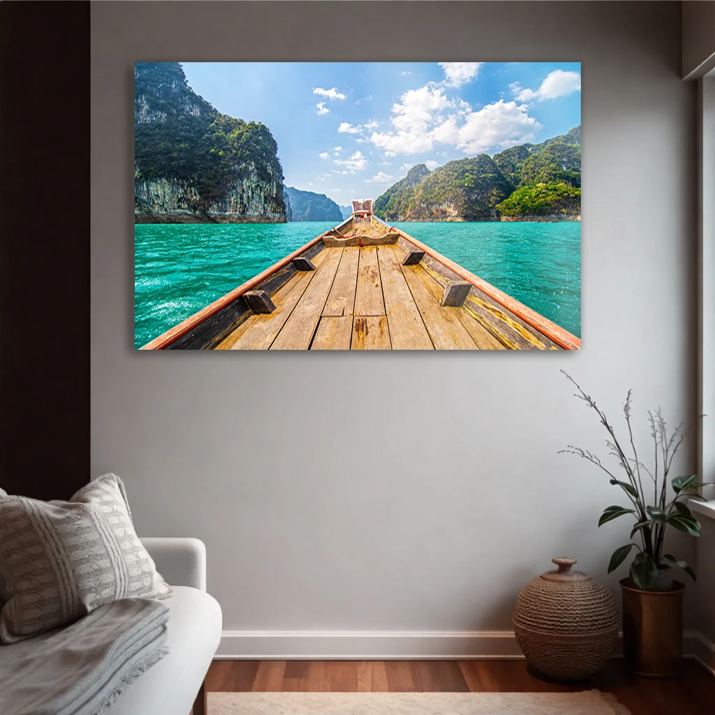 Tropikal Göl ve Ahşap Tekne Yatay Temperli Cam Tablo | Modern Manzara Duvar Dekoru