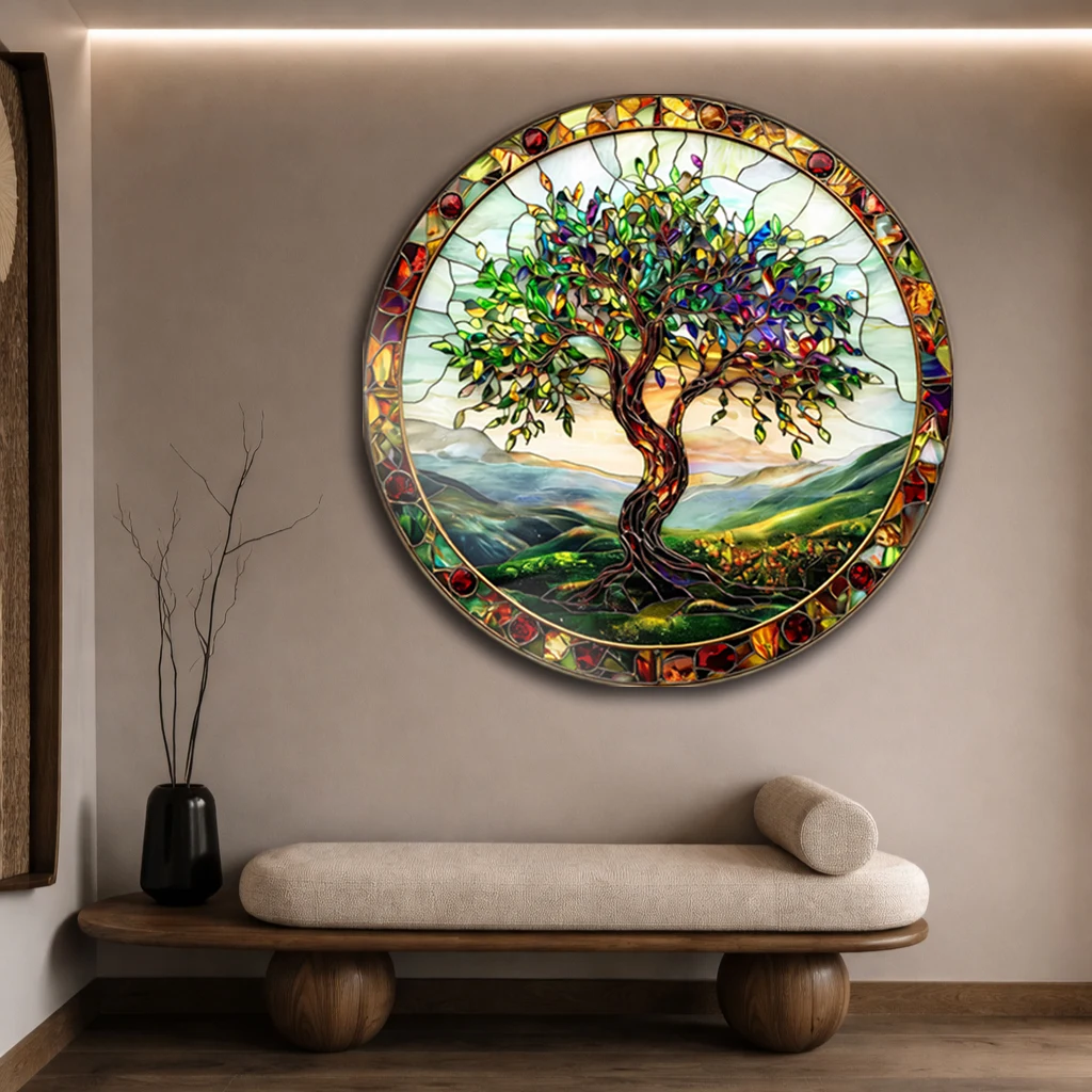 Vitray Hayat Ağacı Yuvarlak Cam Tablo | Modern Duvar Dekoru