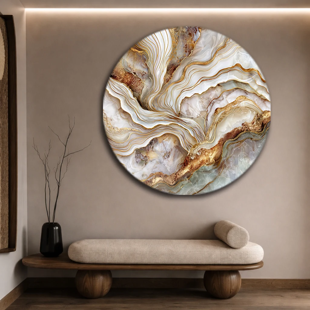 Yuvarlak Altın Varaklı Mermer Dokulu Cam Tablo | Modern Soyut Sanat