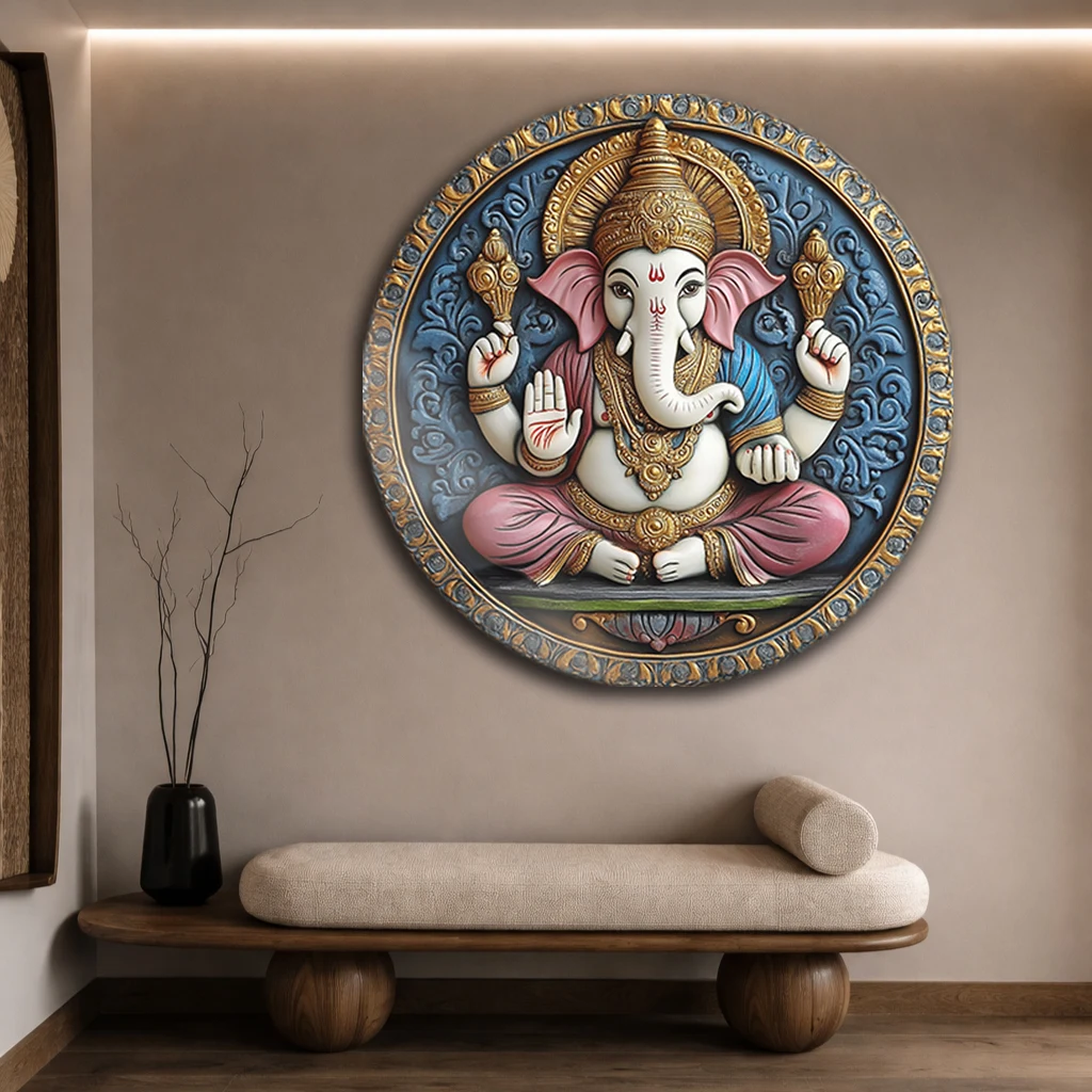 Yuvarlak Ganesha Figürlü Cam Tablo | Etnik Ruhani Duvar Dekoru