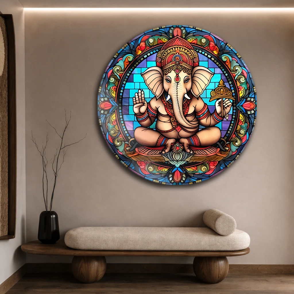 Yuvarlak Ganesha Vitray Cam Tablo | Etnik Spiritüel Duvar Dekoru