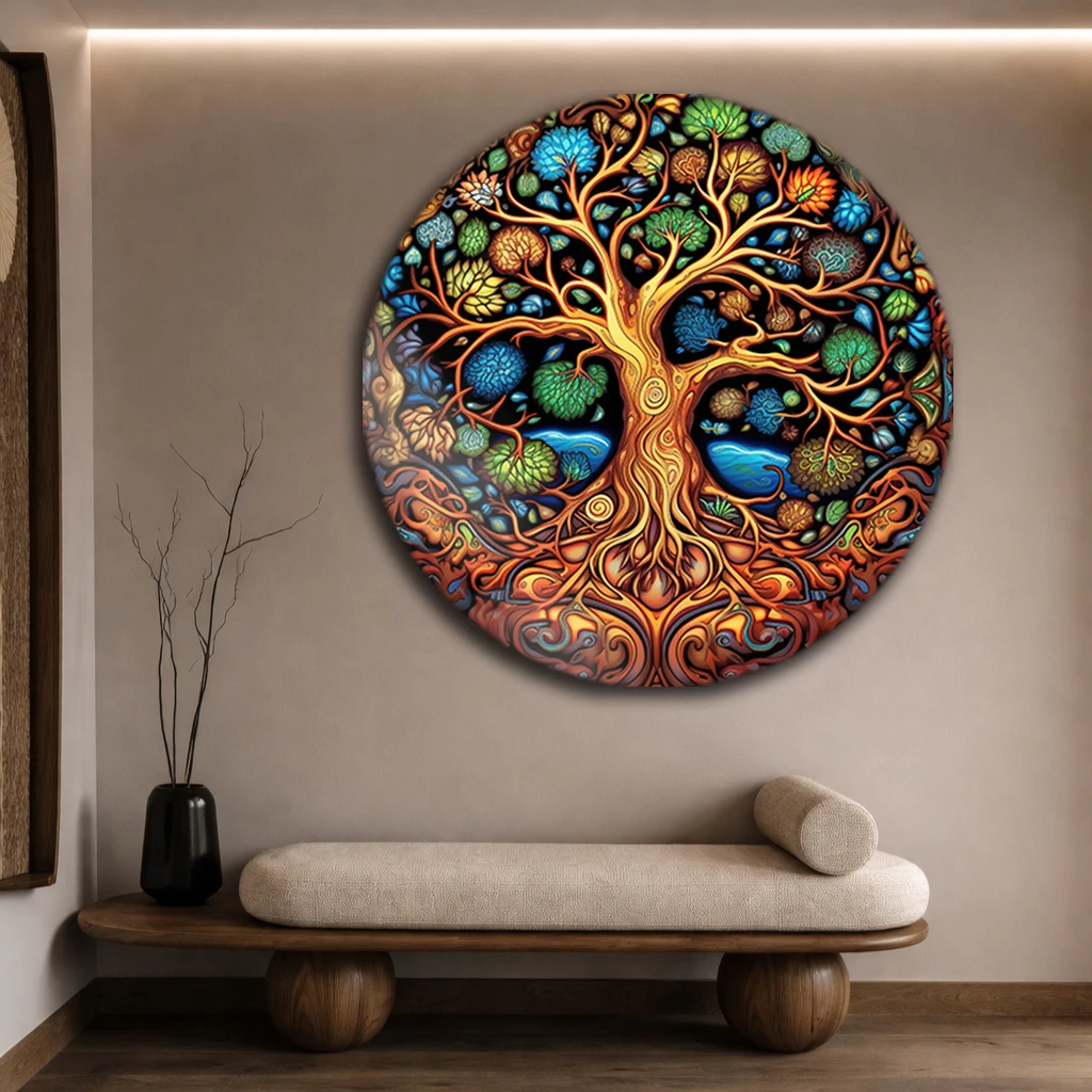 Yuvarlak Hayat Ağacı Cam Tablo | Renkli Vitray Desenli Modern Duvar Dekoru