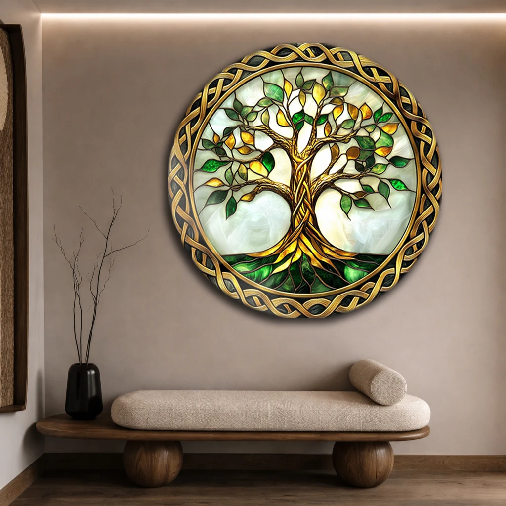 Yuvarlak Hayat Ağacı Vitray Desenli Cam Tablo | Modern Duvar Dekoru