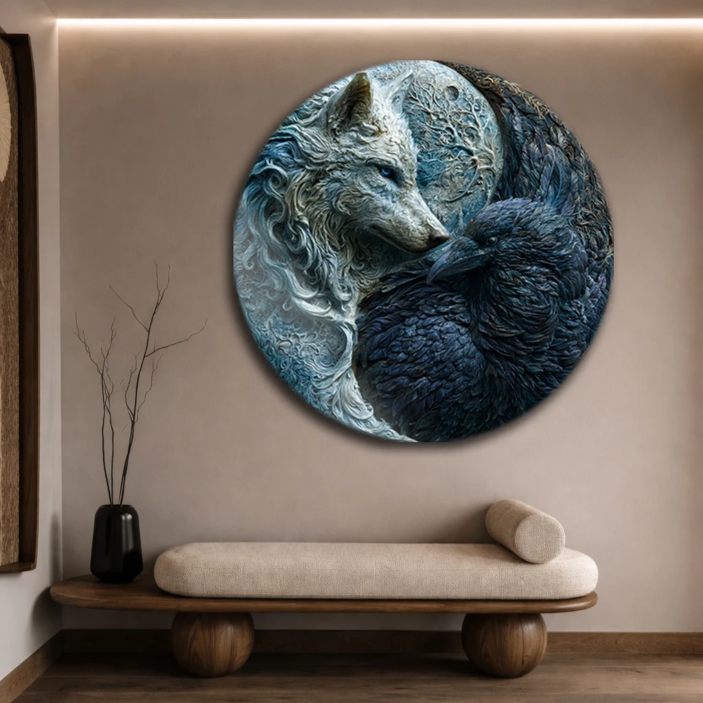 Yuvarlak Kurt ve Kuzgun Yin Yang Cam Tablo | Modern Duvar Sanatı