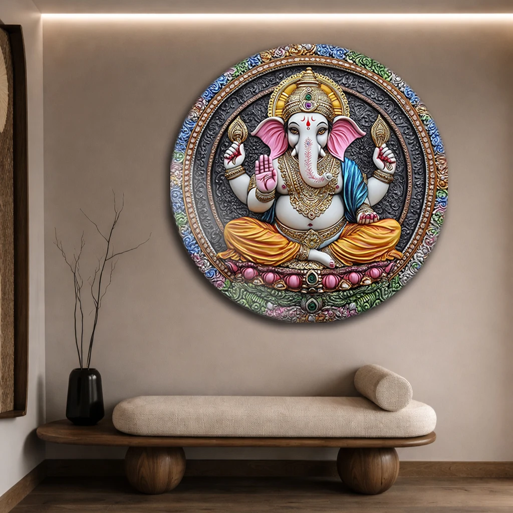 Yuvarlak Lord Ganesha Temperli Cam Tablo | Etnik Duvar Dekoru