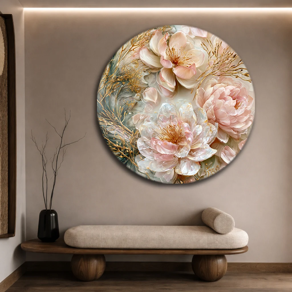 Yuvarlak Pastel Çiçekler ve Altın Detaylı Cam Tablo | Modern Duvar Dekoru