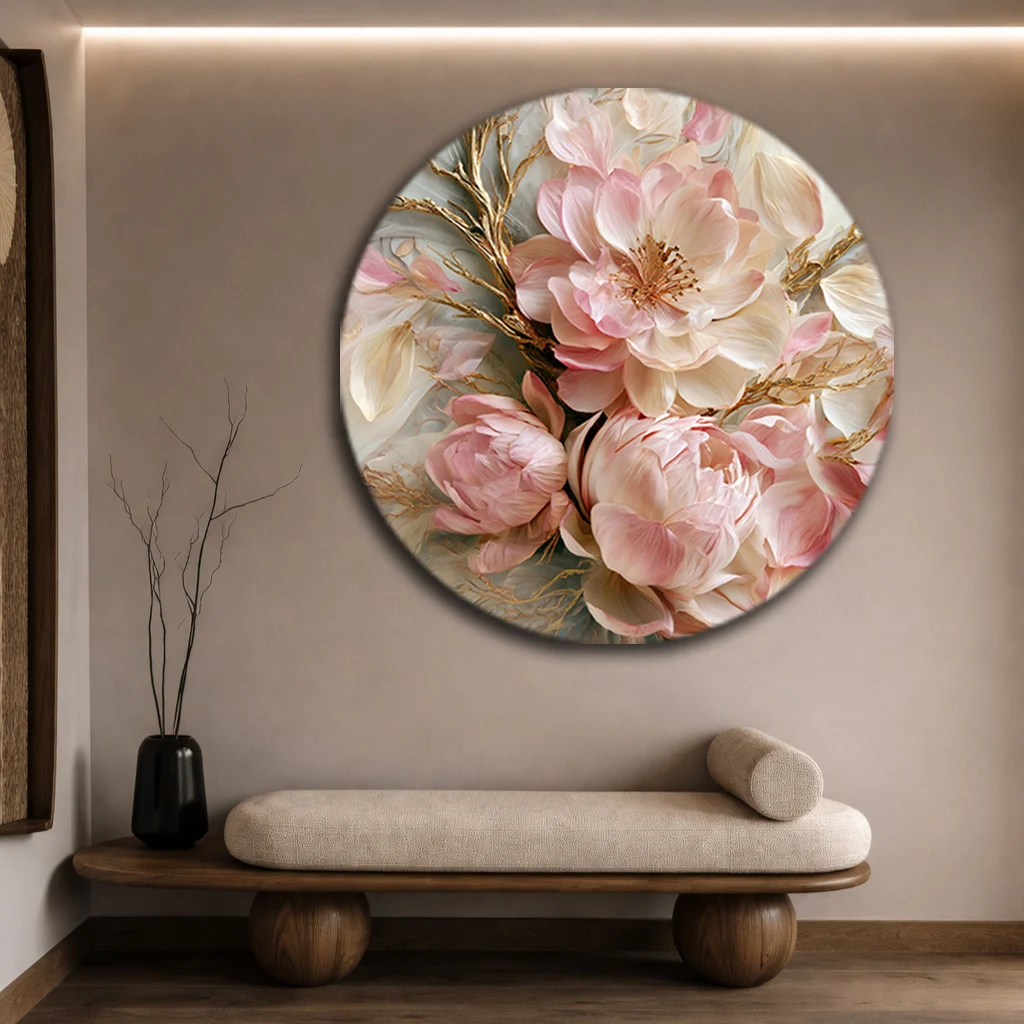Yuvarlak Pastel Pembe Çiçekli Cam Tablo | Zarif Duvar Dekoru