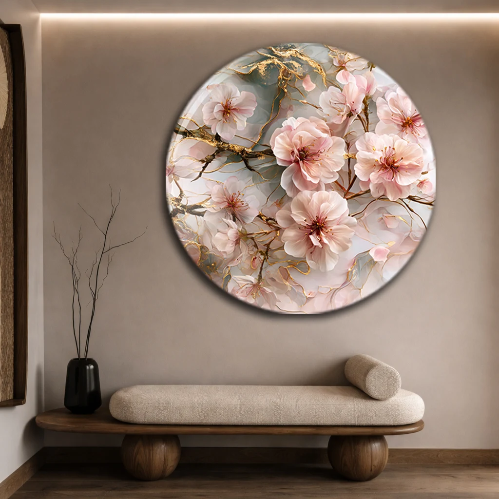 Yuvarlak Sakura Kiraz Çiçeği Cam Tablo | Altın Detaylı Duvar Dekoru