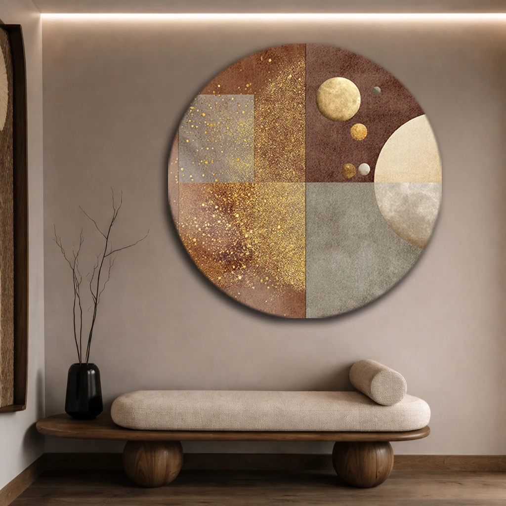 Yuvarlak Soyut Geometrik Altın Dokulu Cam Tablo | Modern Duvar Dekoru