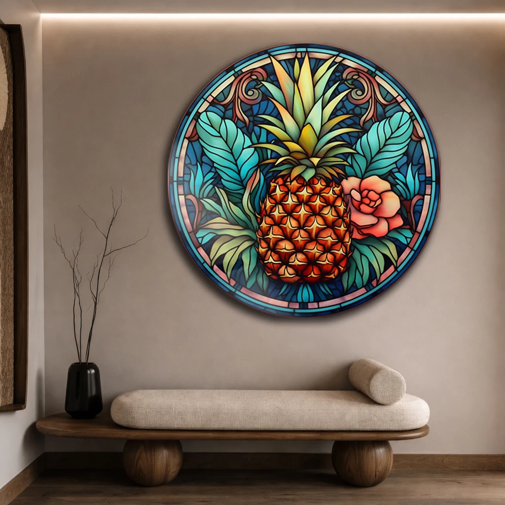 Yuvarlak Vitray Ananas Desenli Temperli Cam Tablo | Tropikal Duvar Dekoru