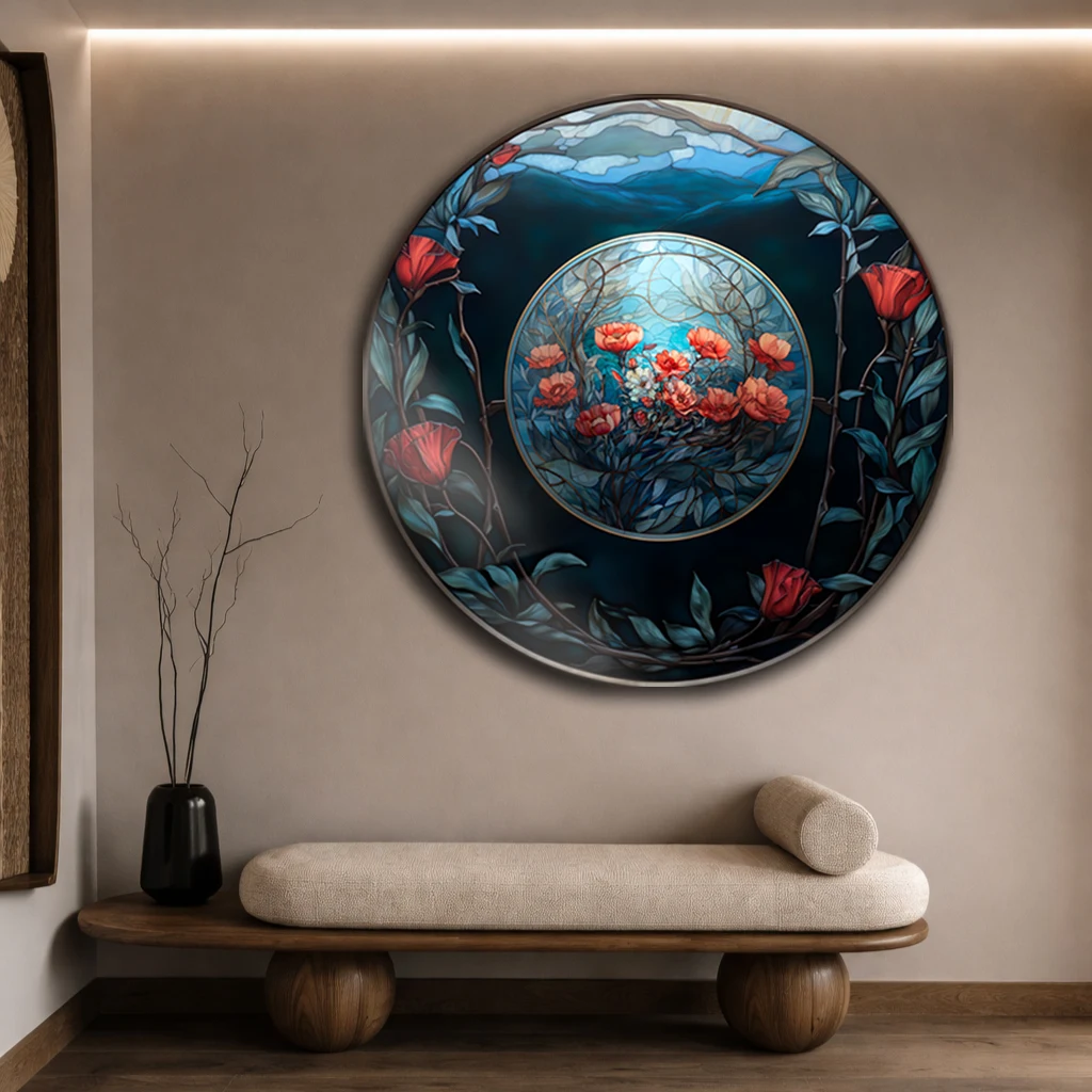 Yuvarlak Vitray Çiçek Desenli Temperli Cam Tablo | Modern Duvar Dekoru