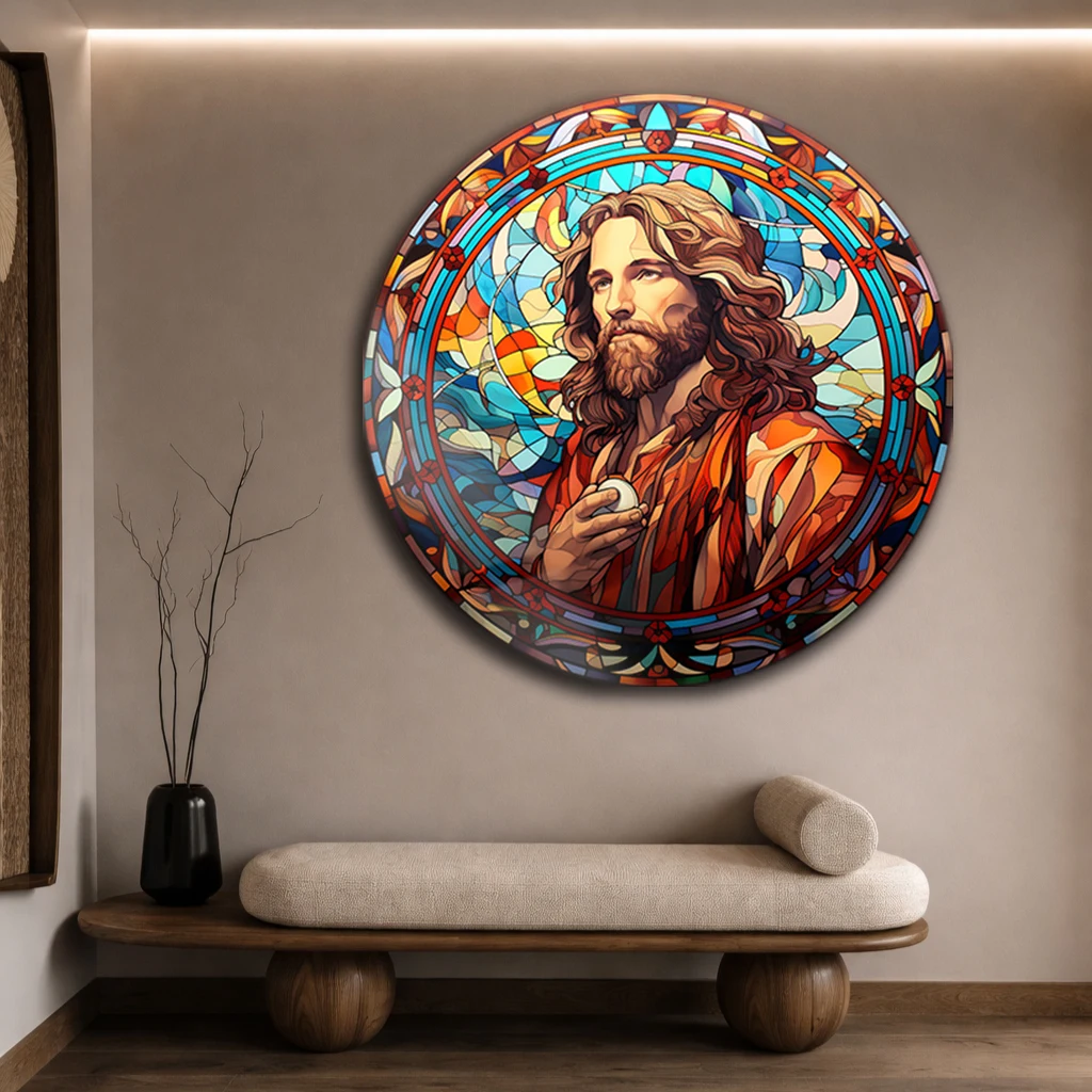Yuvarlak Vitray İsa Portresi Cam Tablo | Dini Sanat Duvar Dekoru