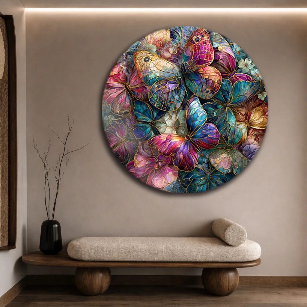 Yuvarlak Vitray Kelebekler Cam Tablo | Modern Duvar Dekoru