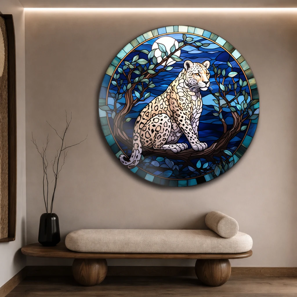 Yuvarlak Vitray Leopar Temperli Cam Tablo | Modern Gece Manzarası