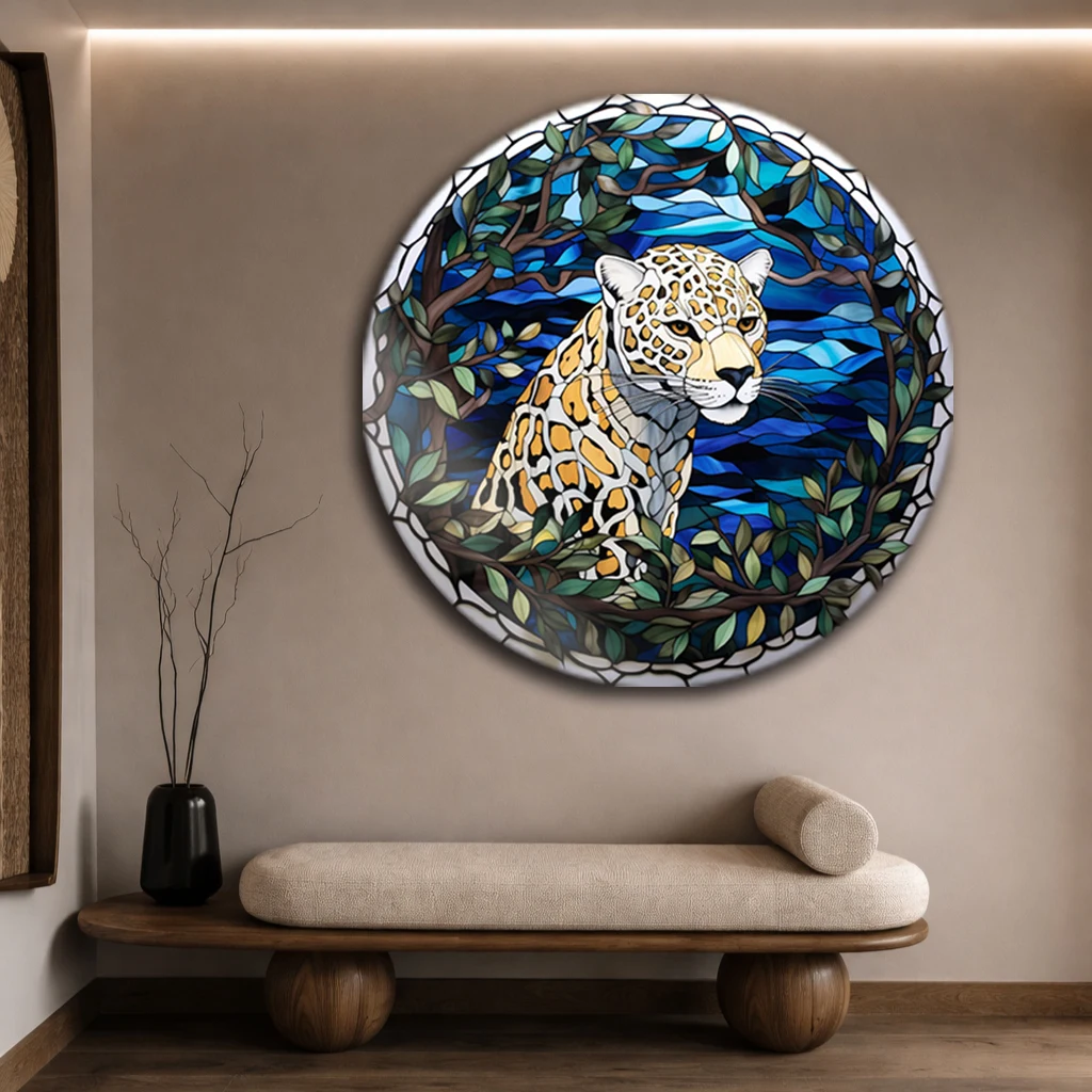 Yuvarlak Vitray Leopar Temperli Cam Tablo | Modern Vahşi Doğa Dekoru